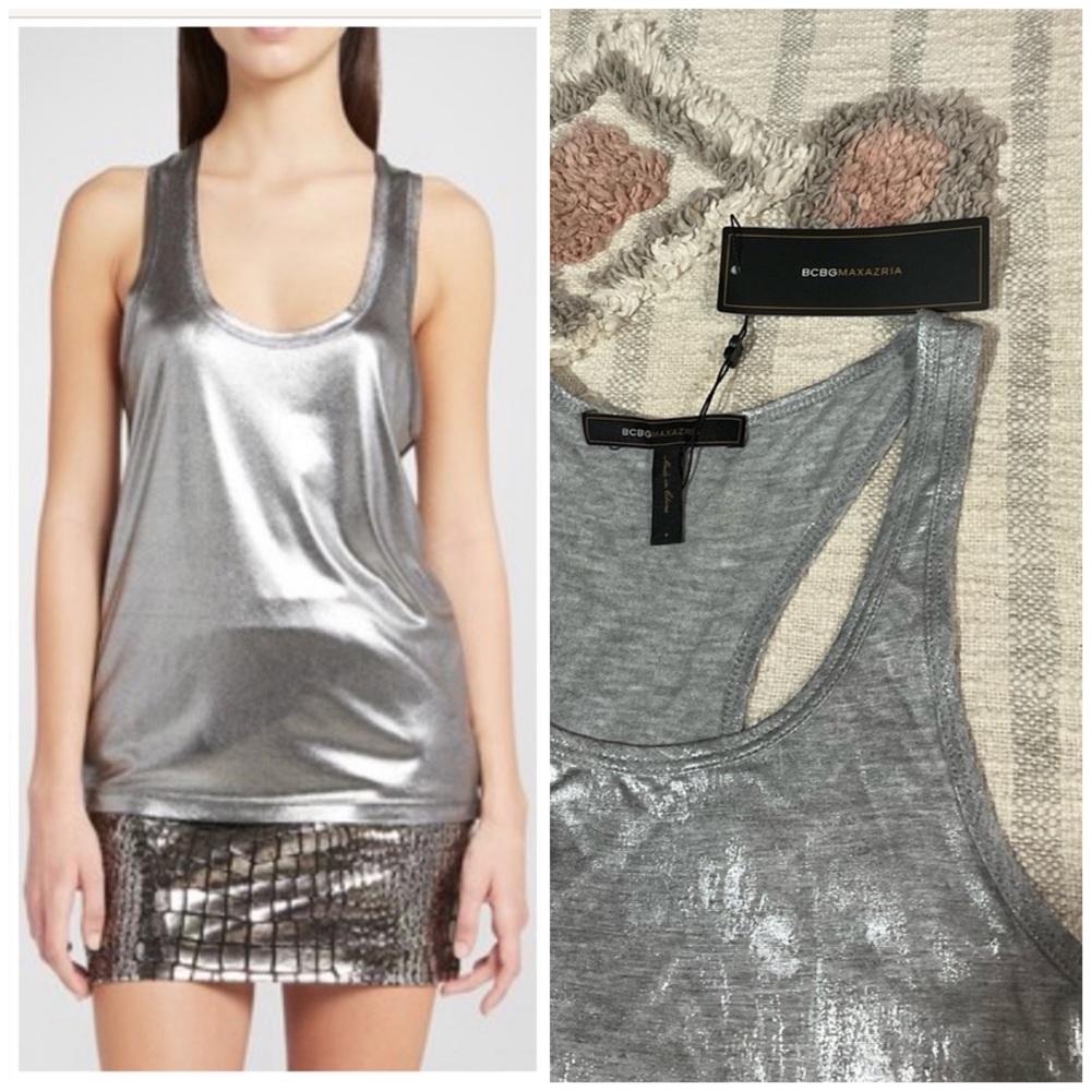 NWT BCBG Metallic Silver Rayon Tunic Tank Top Size Small